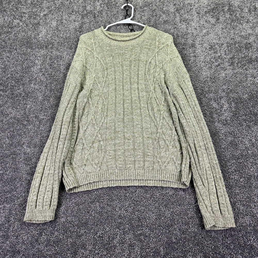Basic Editions Sweater Mens Large Beige Cotton Cable Knit Crew Neck Pullover